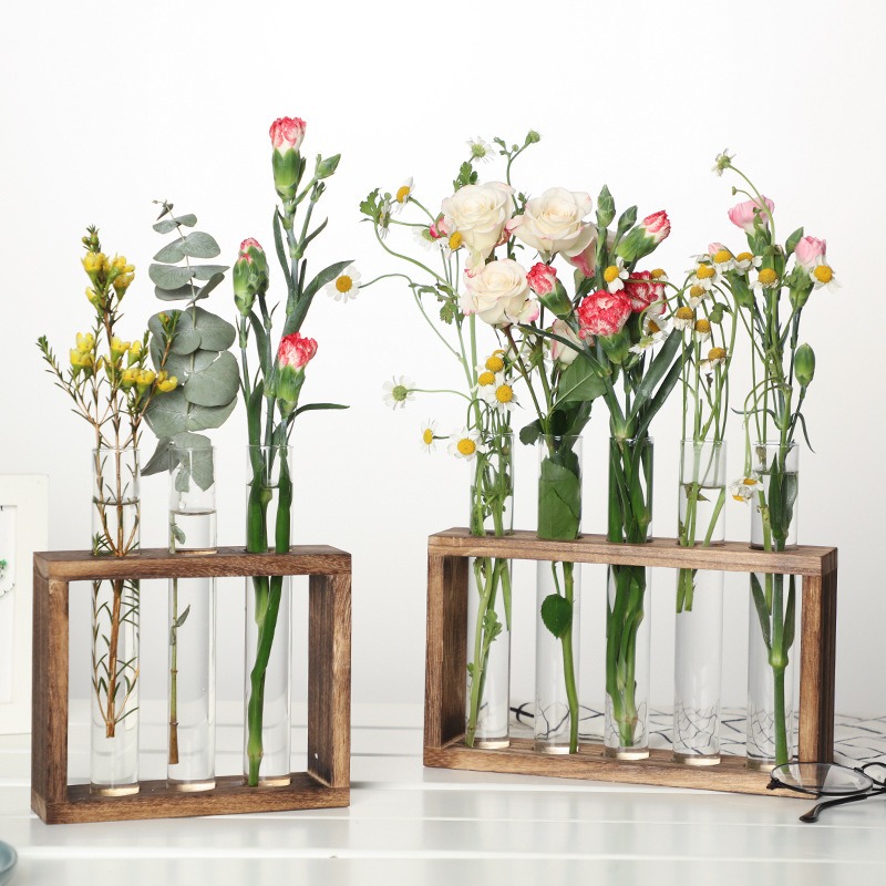 Indoor Herb Garden Kit - 5 หลอดแก้ว Hydroponic Planter พร้อมขาตั้งไม้, self-รดน้ําผนัง/เดสก์ท็อปแจกันสําหรับในร่ม